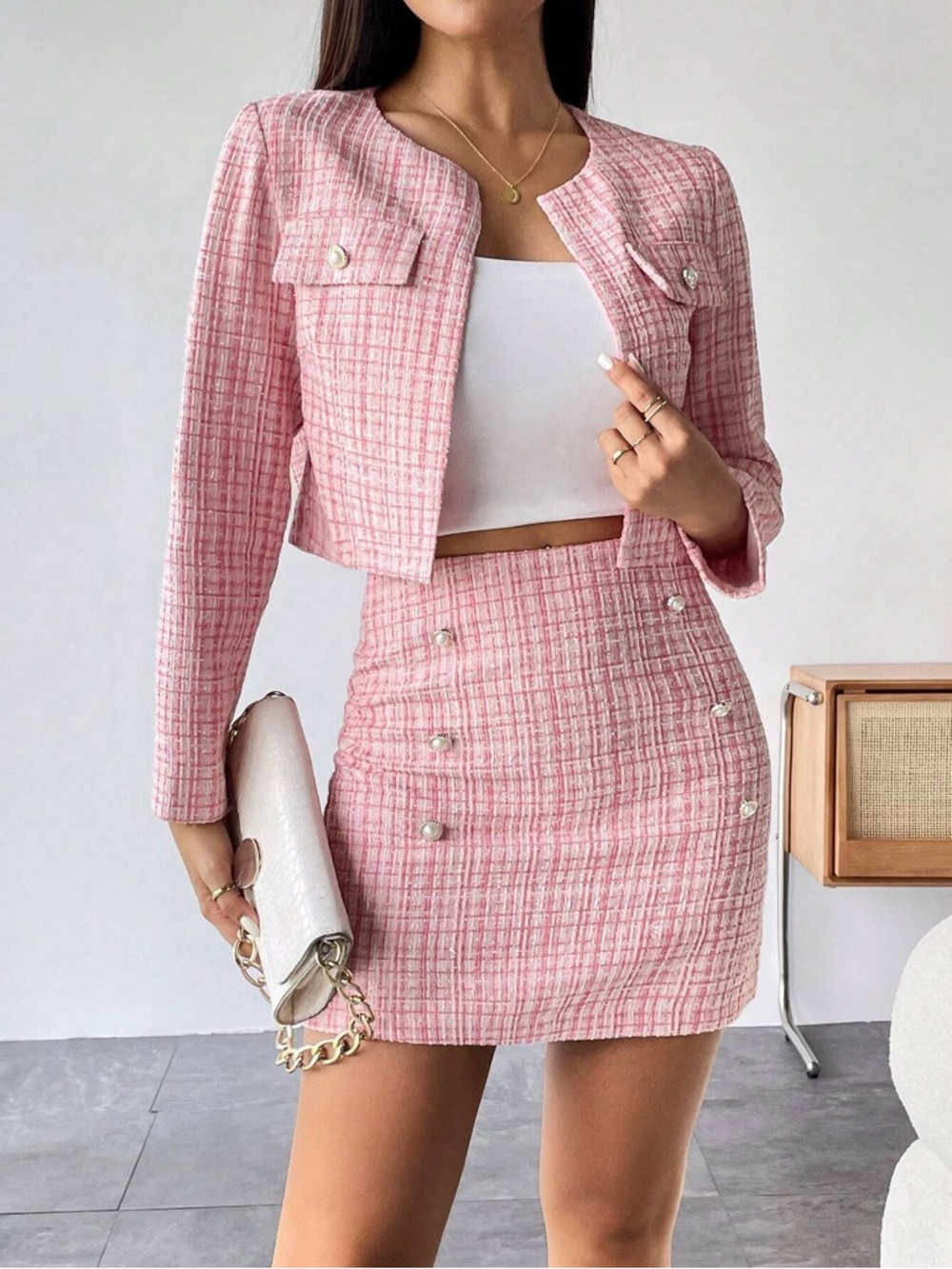 SHEIN Pink Tweed 2 Piece Set S | Cropped Jacket Mini Skirt Coquette Preppy Chic